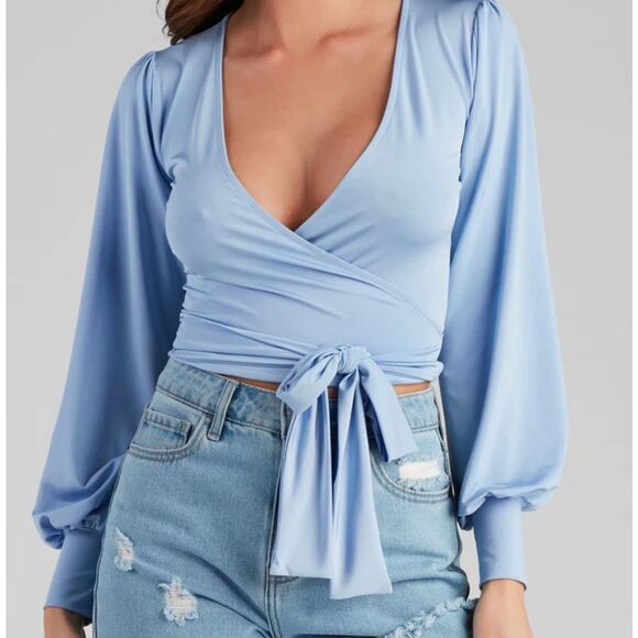 Smoky blue slinky cross cross Balloon sleeve top with Tie waste￼￼ - Picture 1 of 3